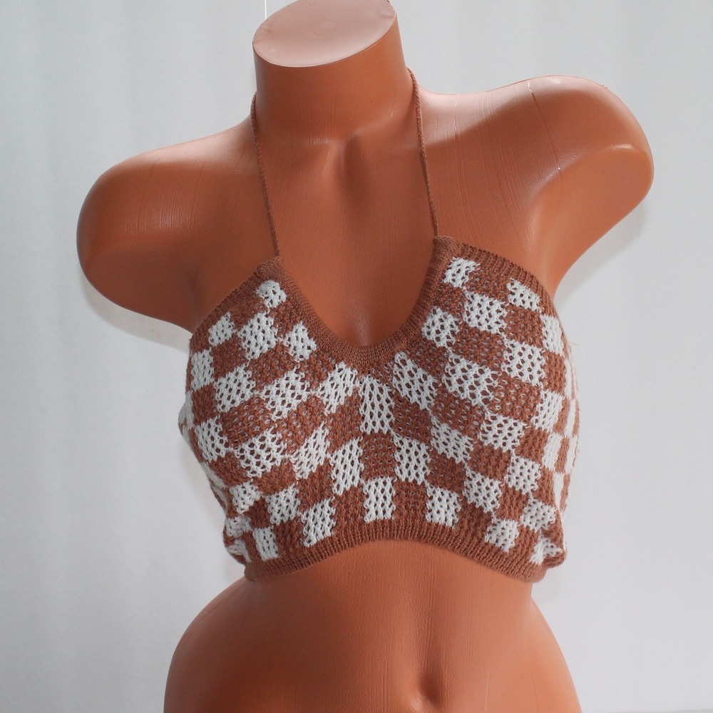 Kendall & Kylie Crochet‎ Halter Top Brown White Checkerboard Knit Crop Top M